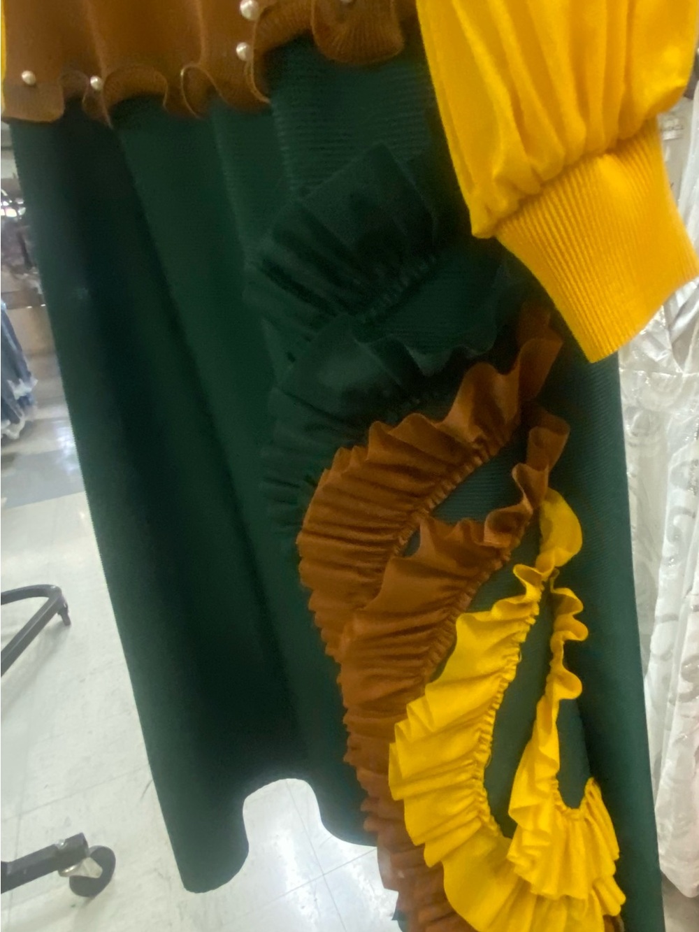 Green Ruffle Detail Women's Dress Mustard & Brown Accents
